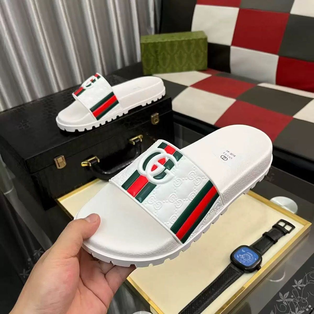 Gucci Web Slide White GG / Green-Red Web